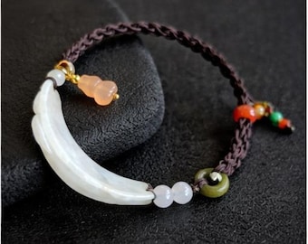 Natural Jadeite Jade Pixiu Gourd Bracelet, Hand-Knotted Adjustable String Jewelry