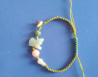 Hand Carved Jade Rat Bracelet: Green & Pink Jade Beads