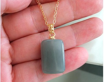 Gray Jadeite Jade Peace  and safety Pendant Necklace: 14 K Gold Filled Necklace.