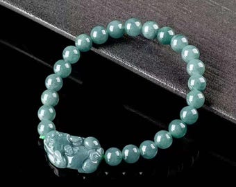 Hand Carved Jadeite Pixiu Bracelet: Green Jade Beads, 14k Gold Filled