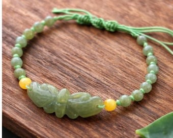 Green Jadeite Butterfly Bracelet, Hand-Knotted Adjustable Gemstone Jewelry
