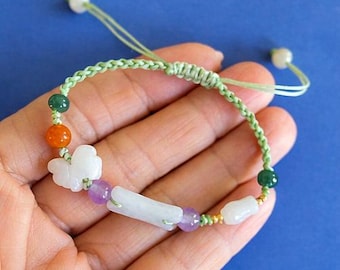 Hand Carved Jade Dog Bracelet: Green, Red & Purple Jade Beads