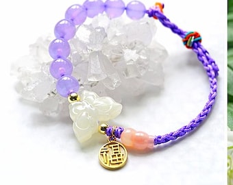 Jadeite Butterfly Bracelet: Purple Jade Beads, Hand-Knotted Feng Shui Charm