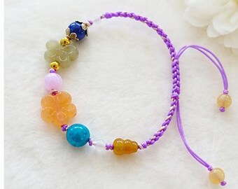 Hand carved Jade Butterfly and flower bracelet. Jade beads Bracelet with hand knotted adjustable Bracelet.