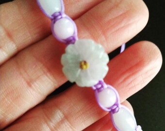 Jadeite Jade Flower Bead Bracelet, Hand-Knotted Adjustable Design