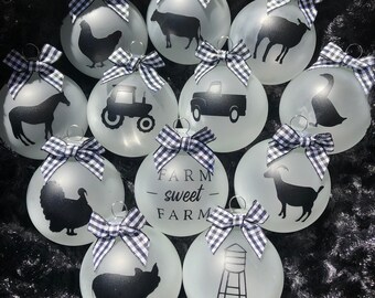 Farmhouse Christmas Ornaments, FROSTED Farm Animal Ornaments, Farmhouse Christmas, Chicken Goat Horse Pig Cow Goose Turkey Tractor Truck