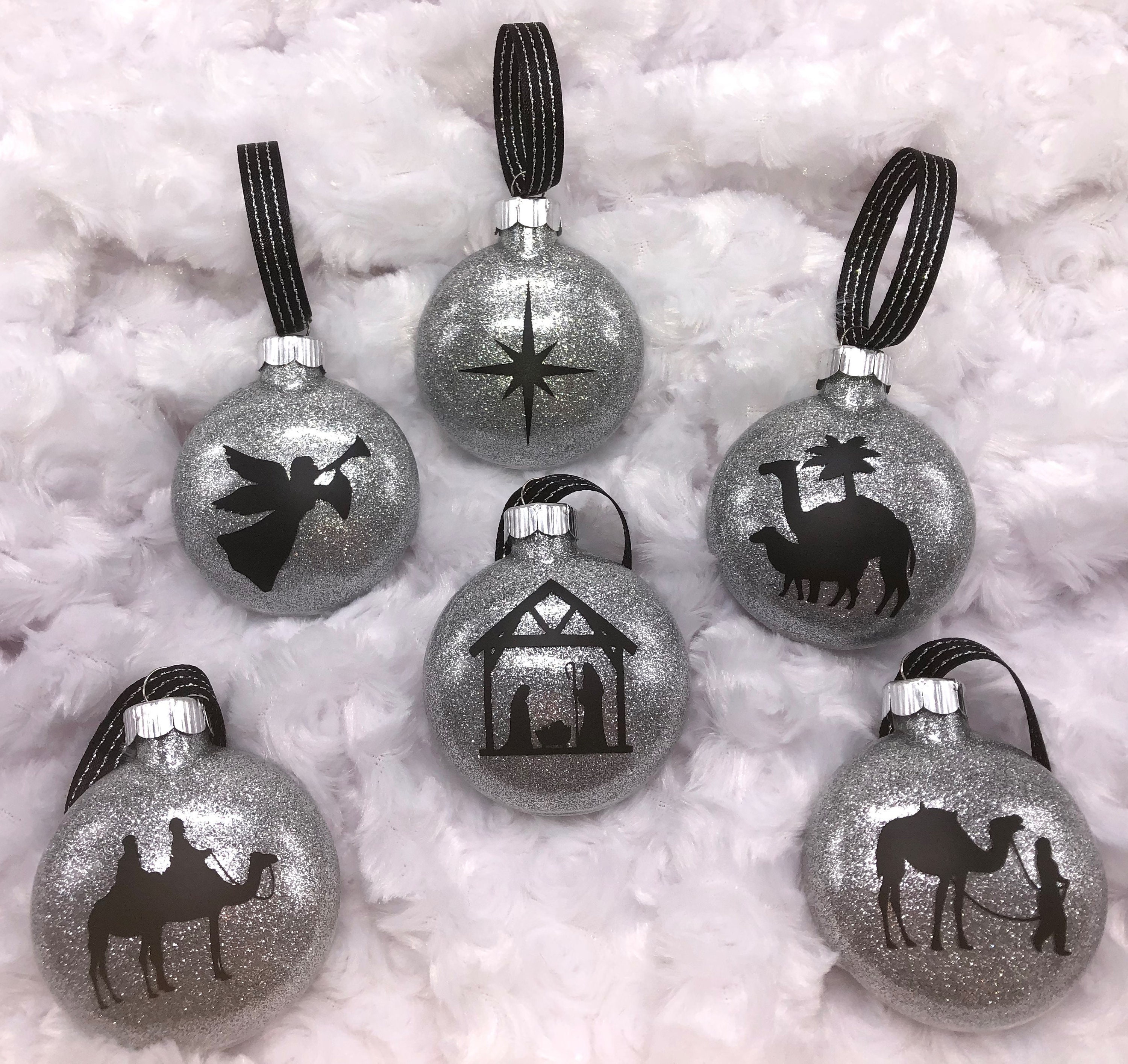 Nativity Scene Glass Ornaments Set of Six Glitter Nativity Etsy