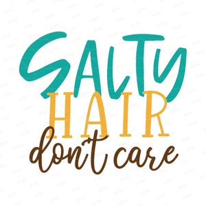 K&ouml;nnte beinhalten: Ein blaues und gelbes Grafikdesign mit dem Text "Salty Hair don't care".