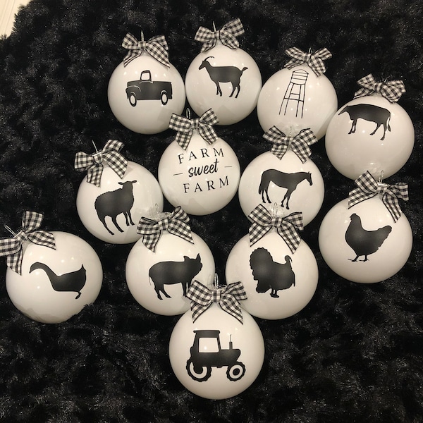 Farmhouse Christmas White Glass Ornaments, Farm Animal Ornament, Farmhouse, Chicken Goat Horse Pig Cow Goose Turkey Tractor Truck Ornaments