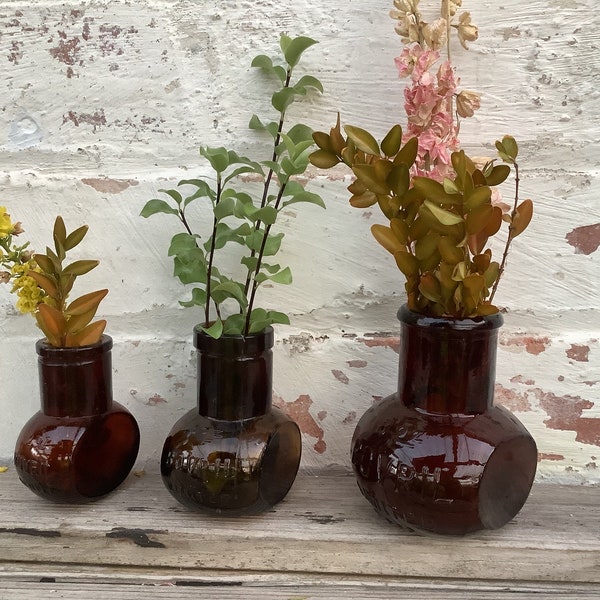 Set of 3 BOVRIL Brown glass Bottles. Circa 1920. Vintage Bottles. Vintage Home Decor. Vintage Kitchen. Bud Vases