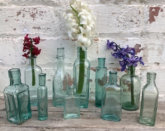 X 10 AQUA Victorian and Edwardian Small sized Bottles. Vintage Home & Wedding Decor. Vintage Sustainable Gift