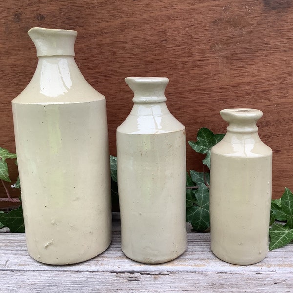 X 3 Cream Stone pouring lipped ink bottles. Circa 1890 - 1900. Vintage Bottles. Vintage Decor. Perfect for flowers wedding decor