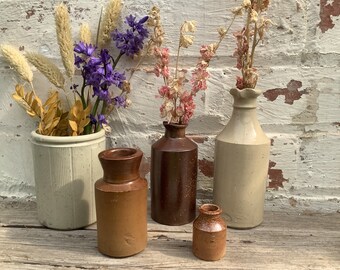 A Group of different Victorian/Edwardian stoneware bottles and pots. Circa 1890-1910. Vintage Kitchen. Vintage Home. Ironstone