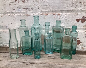 X 10 AQUA Victorian and Edwardian Small sized Bottles. Vintage Home & Wedding Decor. Vintage Sustainable Gift