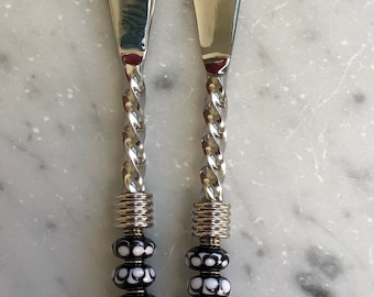 Set of 2 Fancy Canape/Cheese Spreaders with Handcrafted Glass Beads, twisted handles, 7"