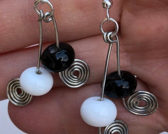 Handcrafted Lampworked Glass Bead Earrings, black & white, with wire work, sterling silver hook