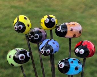 SPECIAL!  2 Ladybug Plant Stakes, Handcrafted Glass, est'd length 9-10"; bug est'd 3/4-1" L & 1/2" wide, request colors when ordering!!