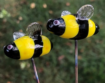 SPECIAL! 2 Bumble Bee Plant Stakes, Handcrafted Lampwork Glass, est'd length 9-10", est'd bee size 1-1/4 length