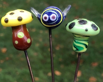 SPECIAL! Bumble Bee & Mushroom Plant Stakes, SET of 3, as pictured, Handcrafted Lampwork Glass, est'd length 6", est'd bee size 3/4 length