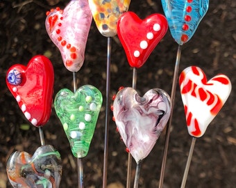 Heart Stakes, Handcrafted Glass, stake 9-10" L; Hearts - est'd 1-1.25" H x 1-1.25 W; priced each; select from photos or colors you like!