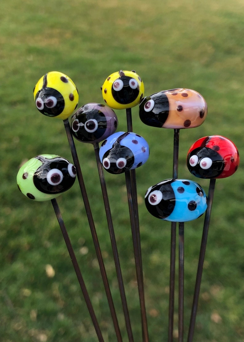 Ladybug Plant Stakes, Handcrafted Lampwork Glass, est'd stake length 9-10 priced each, bug est'd 3/4-1 L & 1/2 wide, select a color image 1