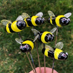 Bumble Bee Plant Stakes, Handcrafted Lampwork Glass, stake=9-10" length, est'd bee size 1-1/4” length, priced each