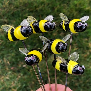 Bumble Bee Plant Stakes, Handcrafted Lampwork Glass, est'd length 9-10", est'd bee size 1-1/4” length, priced each