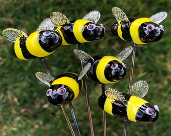 Bumble Bee Plant Stakes, Handcrafted Lampwork Glass, est'd length 9-10", est'd bee size 1-1/4” length, priced each