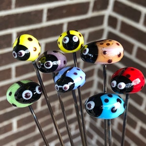Ladybug Plant Stakes, Handcrafted Lampwork Glass, est'd stake length 9-10 priced each, bug est'd 3/4-1 L & 1/2 wide, select a color image 2