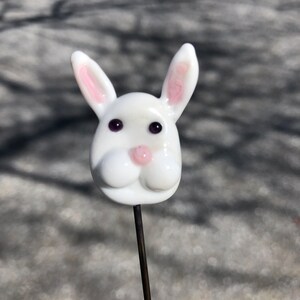 Bunny Rabbit Plant Stake, Handcrafted Lampwork Glass, stake=9-10&quot; L;  head is est&#39;d 3/4&quot; x 3/4&quot; plus ears