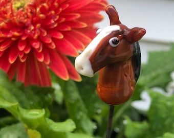 Horse Plant Stakes, Handcrafted Lampwork Glass, est'd length 9-10", est'd horse size 1-1/4 length, priced each