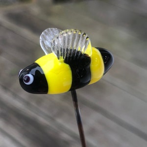 Bumble Bee Plant Stakes, Handcrafted Lampwork Glass, est'd length 9-10", est'd bee size 1-1/4” length, priced each