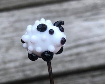 SPECIAL! 2 Sheep Plant Stakes, Handcrafted Lampwork Glass, stake 9-10" L; sheep - est'd 1" W x .75" H