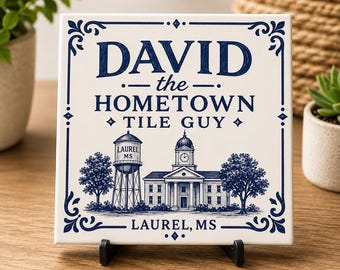 David the Hometown Tile Guy Laurel MS Blau-Weiß signierte Keramik-Trivet-Fliese