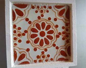 Handmade signed fancy orange  recycled tile coasters by David the Hometown Tile Guy