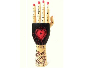 Articulated Wooden Hand (Break My Heart) - Tattoo Art Design - Original Art Custom Painted - One of a kind!