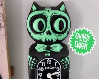 Glow in the Dark skeleton Kit-Cat Klock© Custom Clock - Horror Skull Monster Creepy Original Art Hand Painted - x Gabbie - One of a kind!