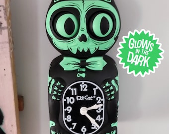 Glow in the Dark skeleton Kit-Cat Klock© Custom Clock - Horror Skull Monster Creepy Original Art Hand Painted - x Gabbie - One of a kind!