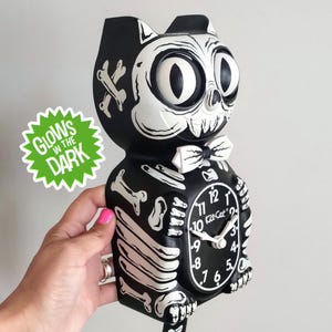 Glow in the Dark White skeleton Kit-Cat Klock© Custom Clock - Horror Skull Creepy Original Art Hand Painted - x Gabbie - One of a kind!