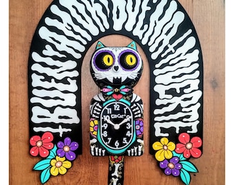 Day of the Dead Mexican Sugar Skull Kit-Cat Klock© Custom Clock- With Decorative Frame Original Gift Original Art Custom Painted x Gabbie -