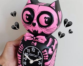 Pink Girl Skeleton Kit-Cat Klock© Custom Clock - Horror Cute Skull Monster Creepy Original Art Hand Painted - x Gabbie - One of a kind!