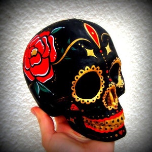 Mexican Sugar Skull Style Ceramic Skull - Original Art Custom Painted - One of a kind!