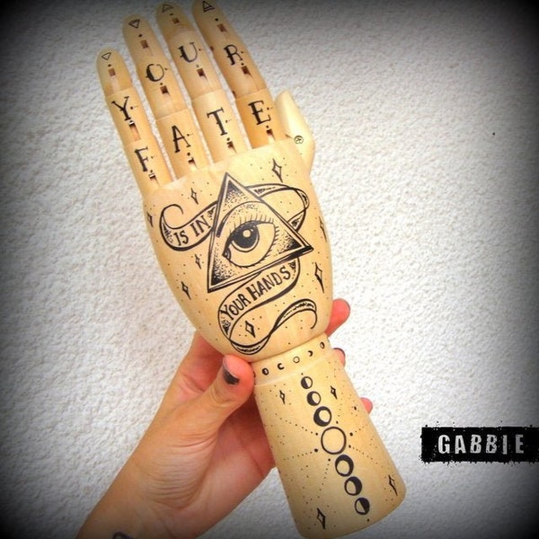 Articulated Wooden Hand (Palmistry Tat-a-Hand) - Tattoo Art, Astrology, Zodiac - Original Art Custom Painted - One of a kind!