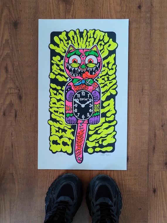 Silkscreen Print Neon Zombie Horror Kit Cat Clock- Glows in UV black light- Limited Edition Signed and numbered Serigraphy Poster 12 x 20 in