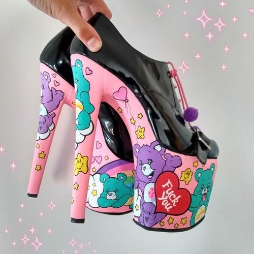 Not Your Classic Care Bears Mega Heels Cute Shoes Queer Riot Genderless - Original Art Custom Painted - One of a kind!