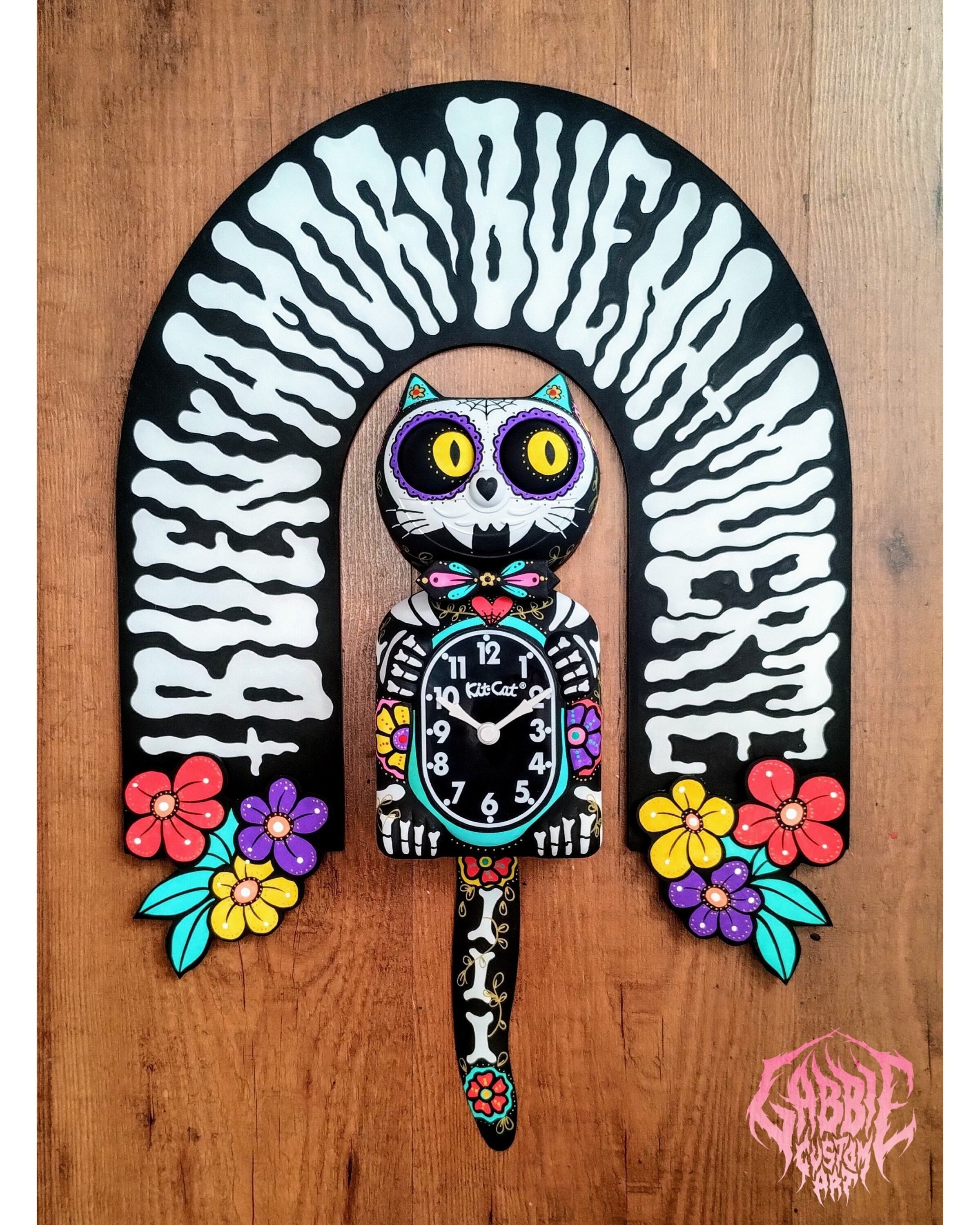 Day of the Dead Mexican Sugar Skull Kit-Cat Klock Custom Clock- With Decorative Altar Arch Frame - Original Gift Art Custom Painted x Gabbie