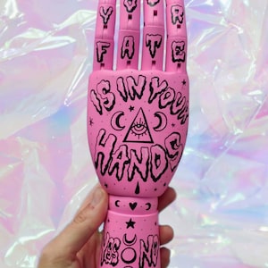 Articulated Pink Wooden Hand (Palmistry Tat-a-Hand) - Creepy Mystic Art, Astrology, Zodiac, Witch - Original Art Custom Painted x Gabbie