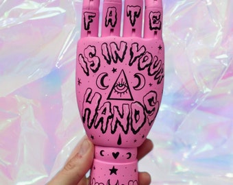 Articulated Pink Wooden Hand (Palmistry Tat-a-Hand) - Creepy Mystic Art, Astrology, Zodiac, Witch - Original Art Custom Painted x Gabbie