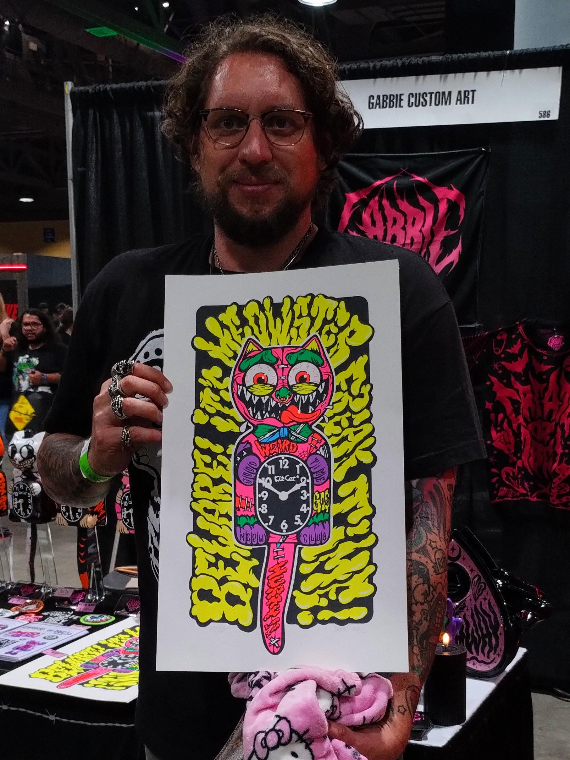 Silkscreen Print Neon Zombie Horror Kit Cat Clock- Glows in UV