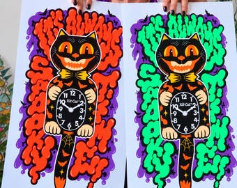 Silkscreen Print Spooky Cat Halloween Kit Cat Clock- Glows in UV neon black light- Limited Edition Numbered Serigraphy Poster 12 x 20 in